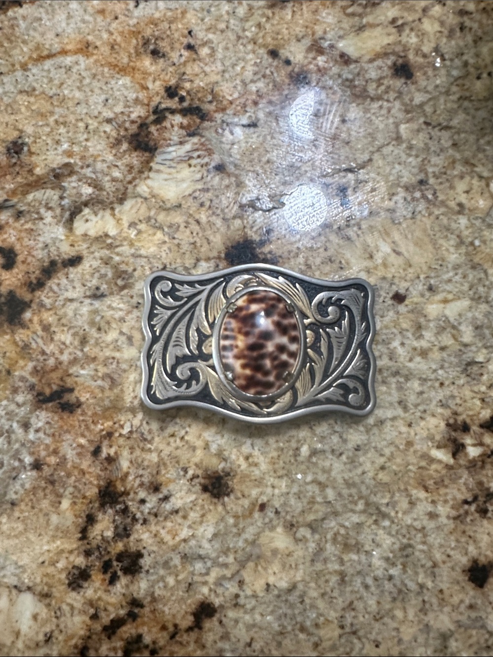 Source Unknown Silver-Tone Belt Buckle with Brown Cabochon